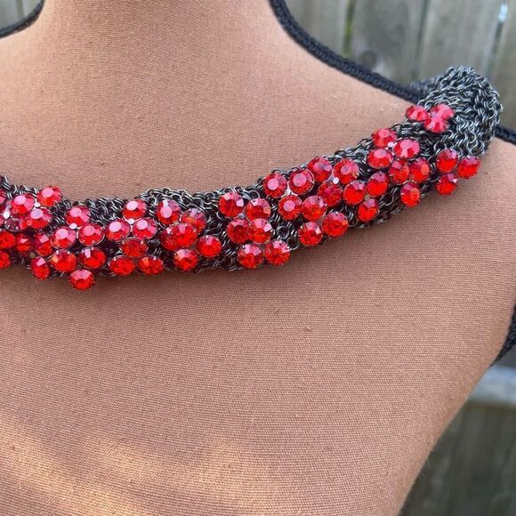 Vintage Braided Chainmail Necklace, Ruby Rhinestones, Heavy Weight Wide Collar - Picture 3 of 11
